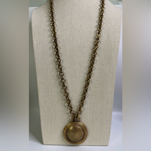 Monet Round Pendant Necklace Embossed Swirl Bronzed Antiqued Large Link Chain - Picture 5 of 9